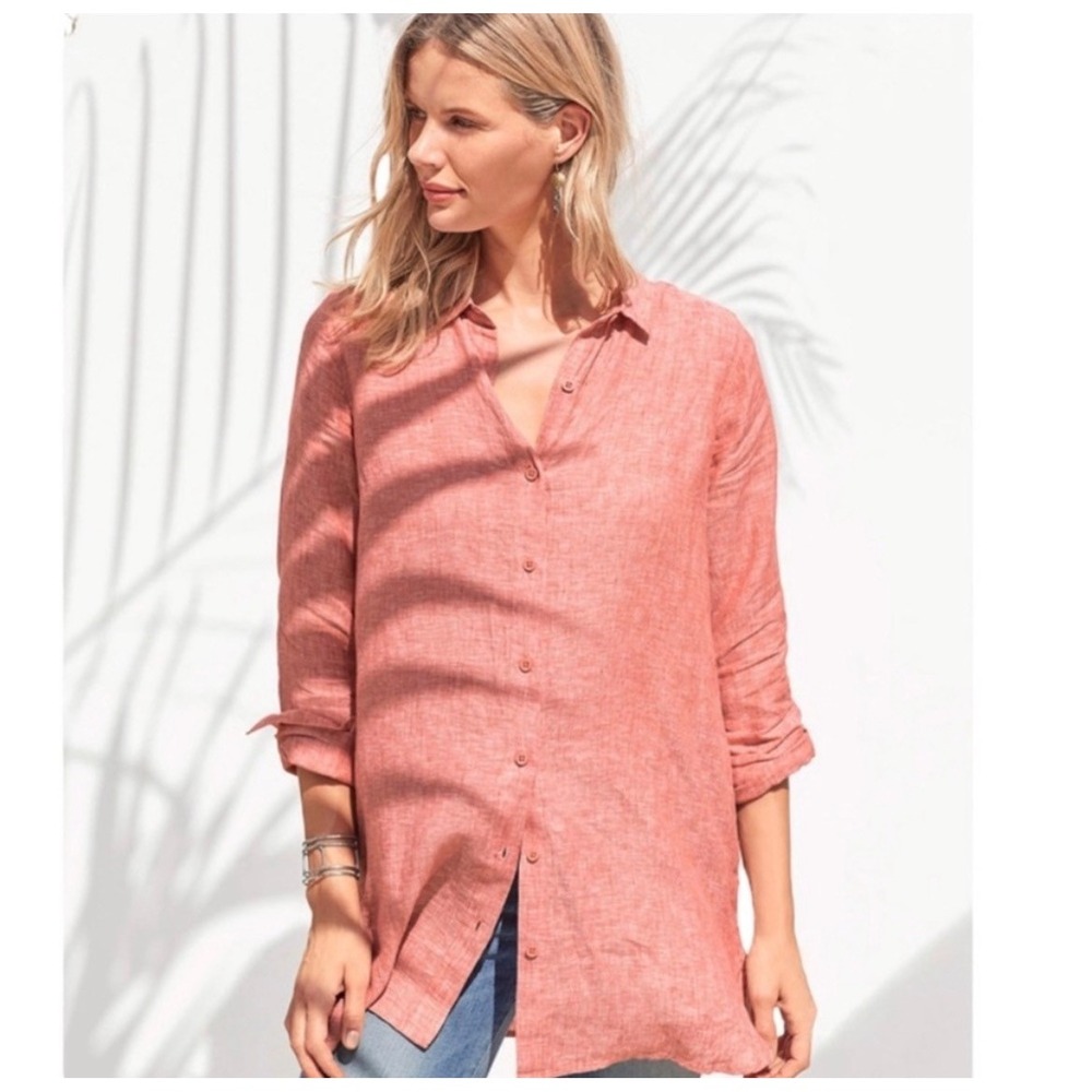 Garnet‎ Hill Easy Linen Coral Pink Flax / Linen Blend Button Down Shirt Size 16